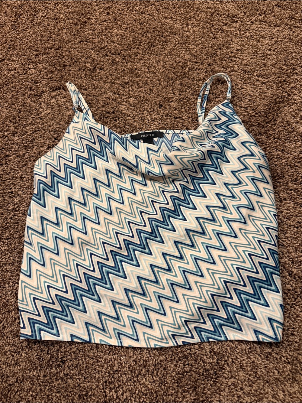 Forever 21 Blue and Cream Zigzag Cowl Neck Tank